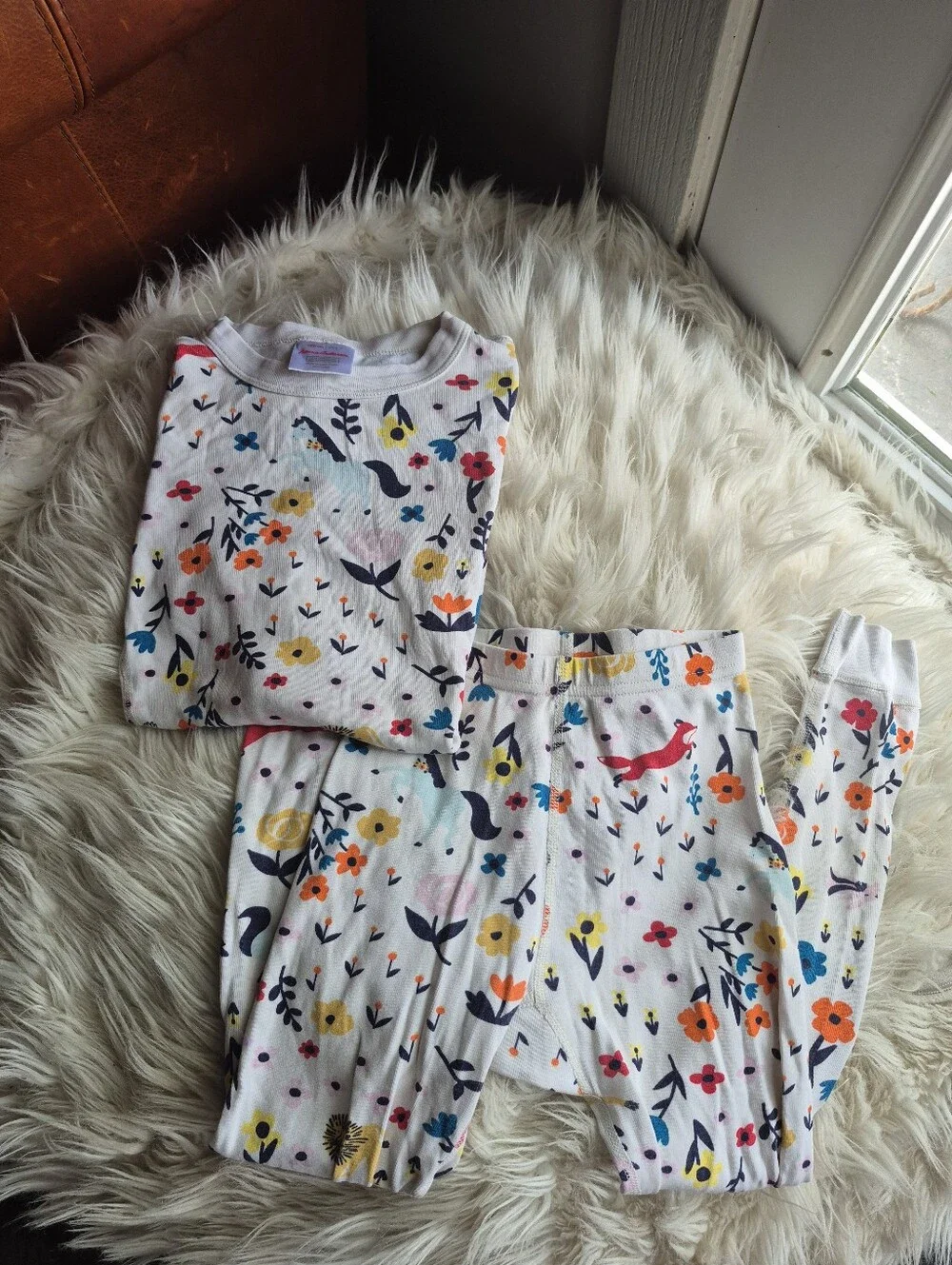 Kids Long Sleeve Floral Animal Print Pajama Set - White Multicolor